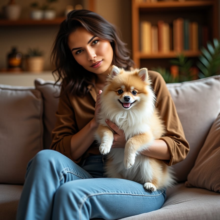 woman cuddling her small, fluffy Pomeranian dog, wearing a trendy blouse and high-waisted jeans, sitting on a plush velvet sofa, surrounded by soft cushions and a warm-toned rug, against a cozy living room backdrop with dimmed golden lighting, and a blurred-out bookshelf in the background.