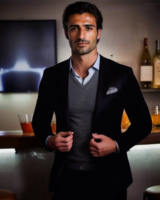 Handsome man in dark bar, seductive smile, party atmosphere.