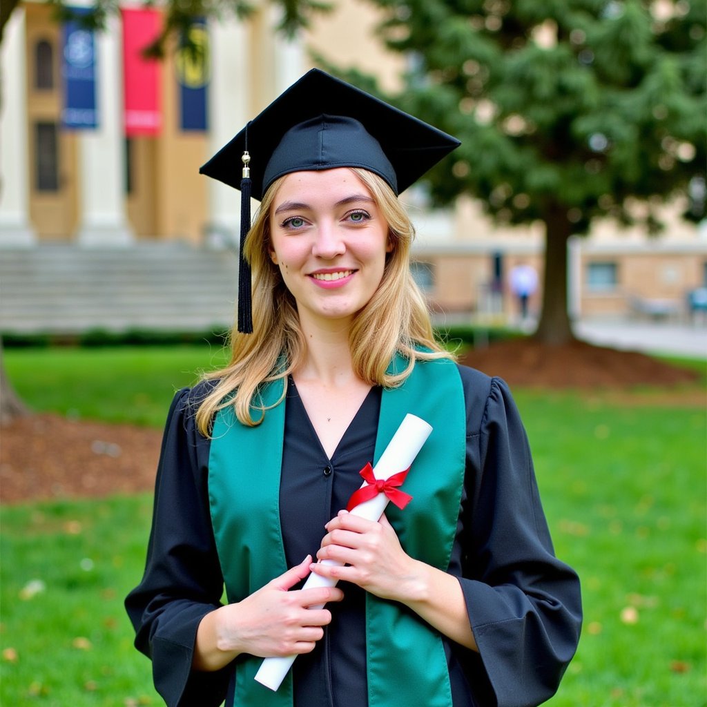 Waist-up portrait of a woman graduate standing on a campus lawn holding her rolled diploma tied with a red ribbon near her chest, expression proud and serene; wearing a black matte gown with emerald satin stole, mortarboard angled slightly forward; shoulder-length layered hair softly curled at ends, natural makeup with pink undertones; camera at eye level, 85 mm lens, f/2, ISO 100; lighting: soft diffused daylight from light overcast, subtle rim light behind; background: blurred university building with faint banners, green grass foreground slightly out of focus; cloth textures crisp, fibers of the ribbon visible, skin tone even, highly detailed, highly realistic, HDR.