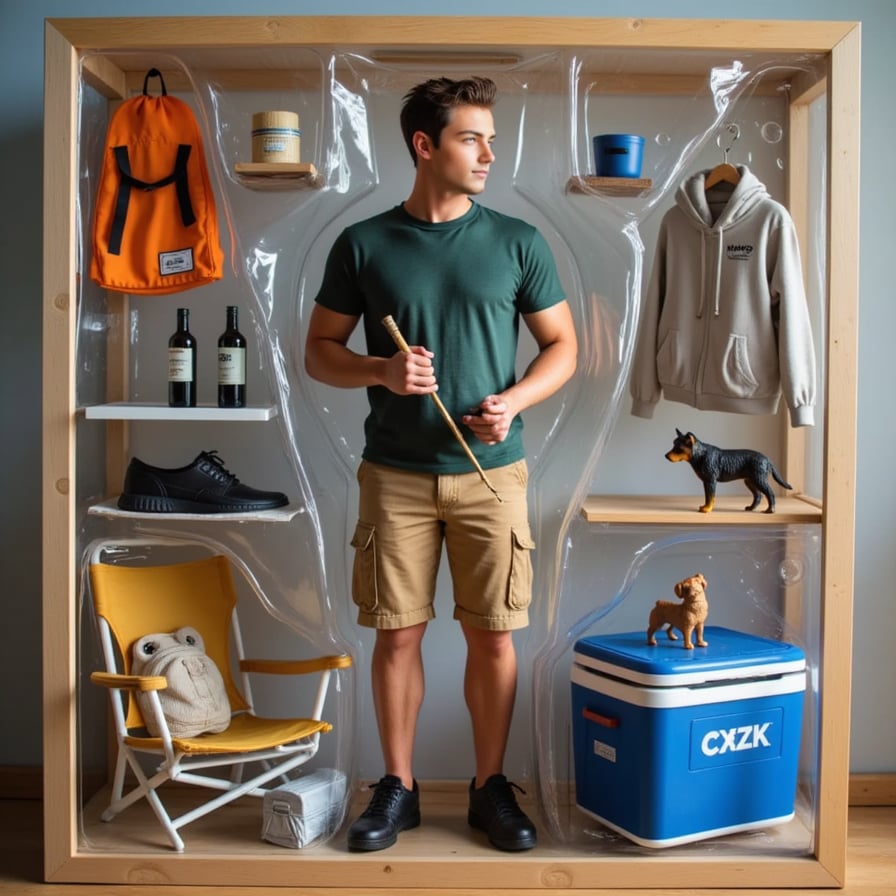 Man in cargo shorts holding a fishing rod, surrounded by camping gear, dog figure, and cooler box

