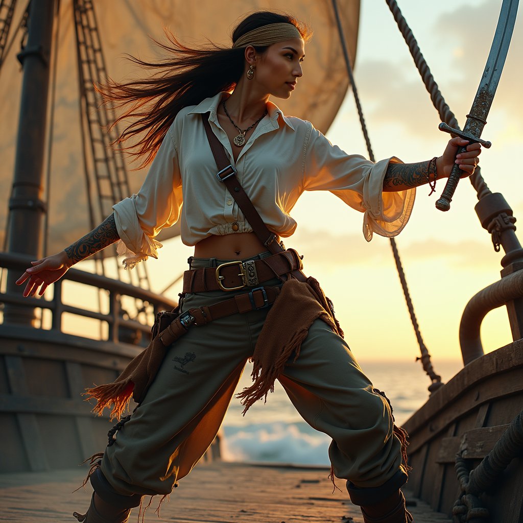 woman wielding a sword in a powerful, dynamic pose, dressed in rugged pirate attire with a flowing white shirt, billowy pants, and a wide leather belt, standing on the deck of a weathered pirate ship with tattered sails and a worn wooden hull, under the warm glow of a sunset with a hint of mist in the background.
