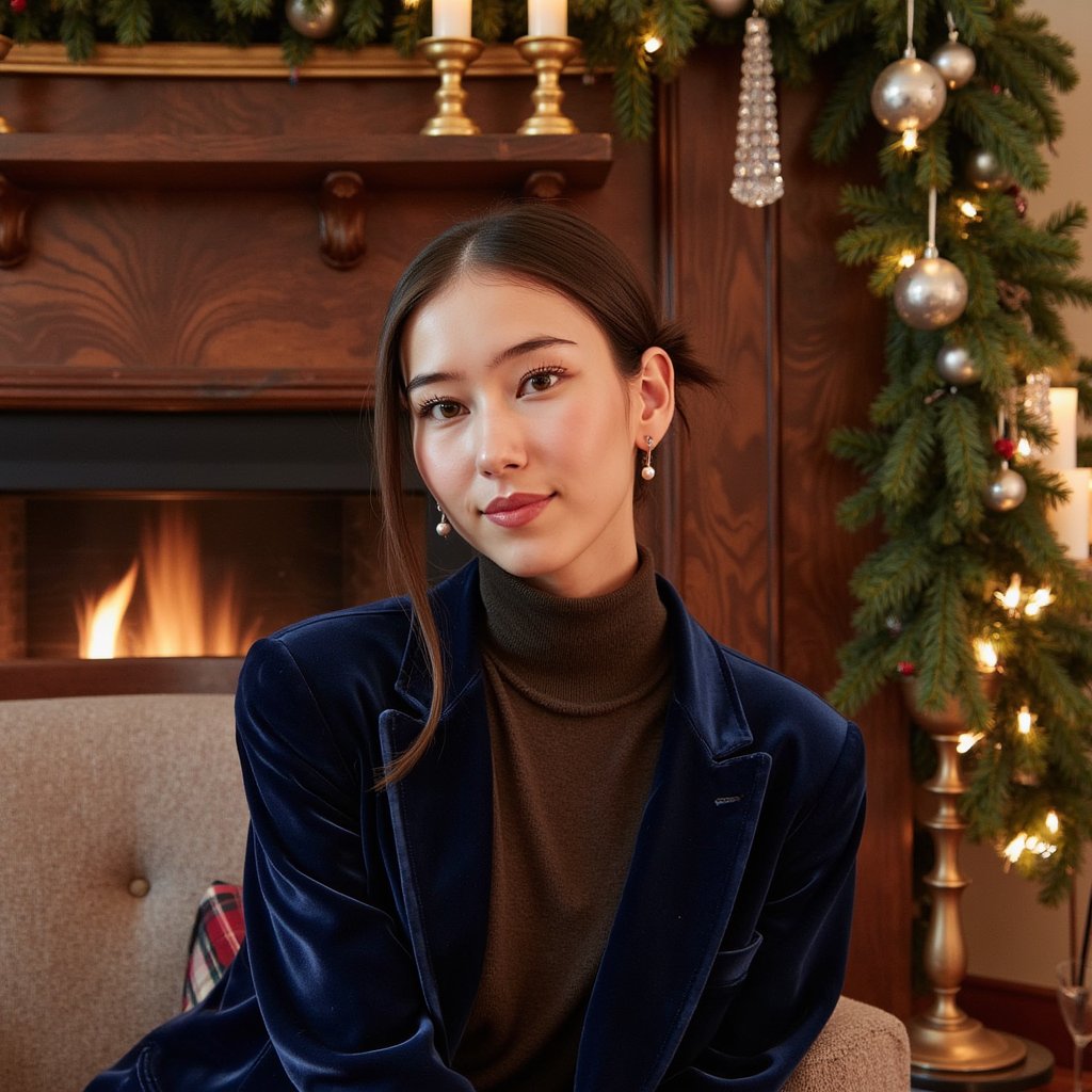 A poised woman seated ¾ to camera, head slightly tilted, soft smile. Hairstyle: sleek low chignon with a few face-framing strands. Attire: jewel-tone velvet blazer with peak lapels over a fine-gauge cashmere turtleneck; subtle tartan scarf tucked at the neck; small pearl studs. Fabric details: visible velvet pile, crisp wool twill in the scarf. Camera: eye-level, 85mm portrait, f/1.8 for creamy bokeh. Lighting: warm key from fireplace + gentle fill; candle bokeh highlights; slight rim from a hidden practical lamp. Background: mahogany-paneled library, brass candlesticks, crystal ornaments, evergreen garland—tastefully blurred, minimal clutter. Pose: relaxed shoulders, hands out of frame. Color mood: rich jewel tones, warm brass. Render: highly detailed, highly realistic, HDR; skin texture natural; minimal retouching.