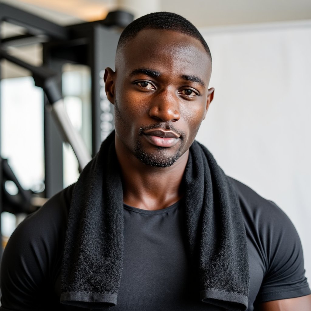 Man, athletic build, head-and-shoulders studio portrait with a towel draped around neck ends resting loosely on chest (hands relaxed down out of frame); neat short haircut, clean stubble, confident neutral expression; moisture-wicking black tee with fine micro-mesh paneling; high-key white seamless background; camera at eye level, 105mm, f/5.6, 1/160, ISO 100; clamshell lighting (large softbox above, reflector below) with subtle kicker from camera right to define jawline; ultra-clean background with no clutter; micro-contrast revealing skin texture, towel terry loops, and fabric weave; highly detailed, highly realistic, HDR, no text or watermark