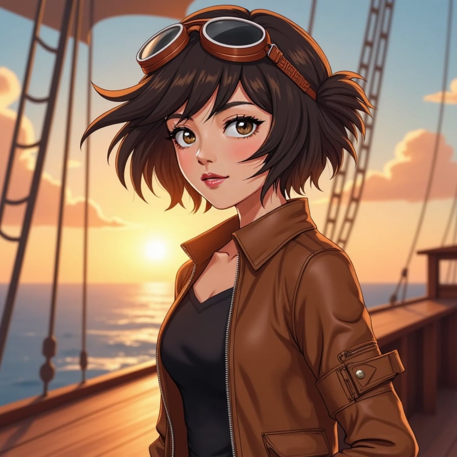 A determined young aviator with short, windswept hair and goggles resting on her forehead. She wears a leather bomber jacket over a steampunk-style jumpsuit, standing on the deck of a flying ship against a golden sunset, inspired by Ghibli's adventure films.