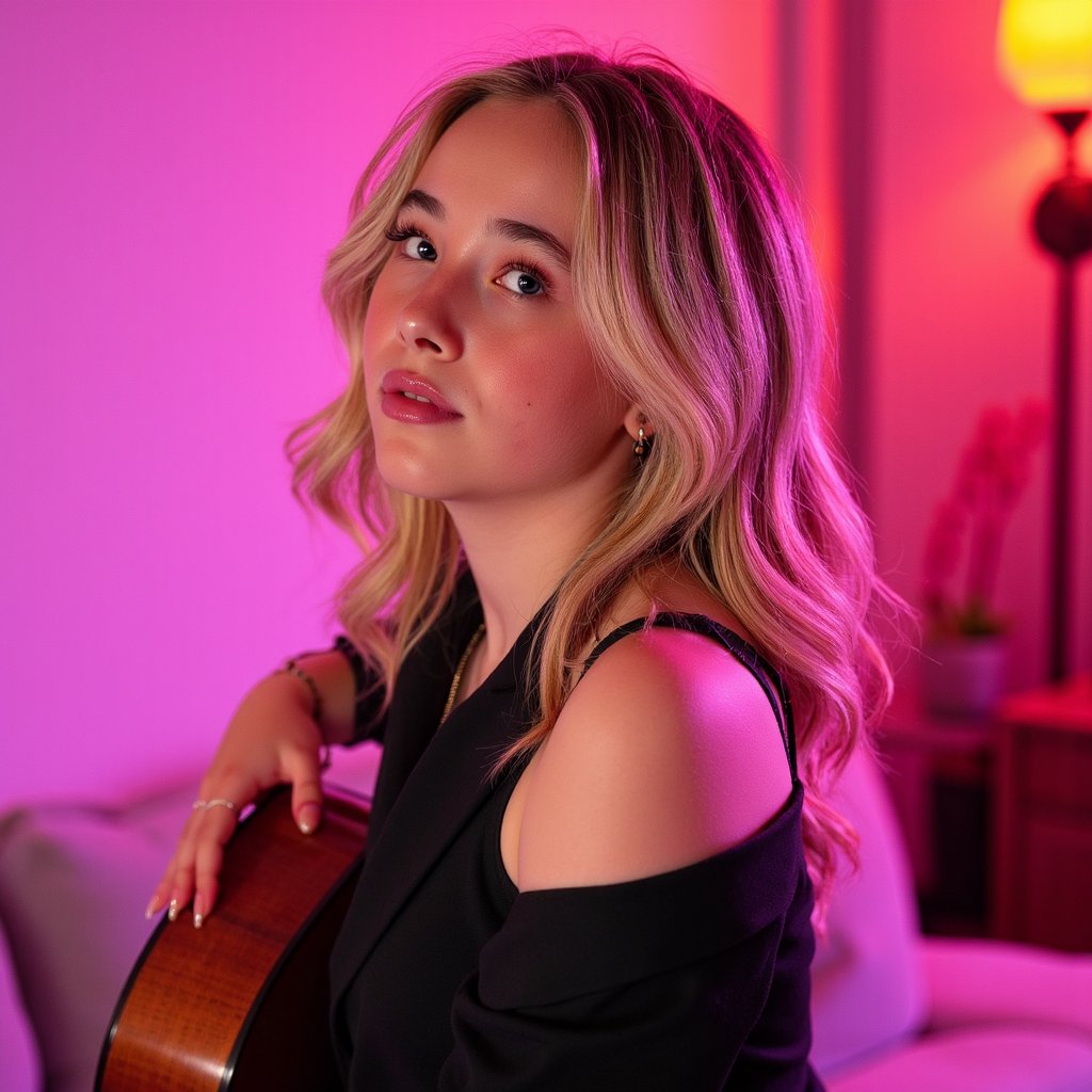 Side-profile headshot of a thoughtful musician with a guitar resting on shoulder, soft overhead spotlight, introspective vibe like a quiet rehearsal before going on stage