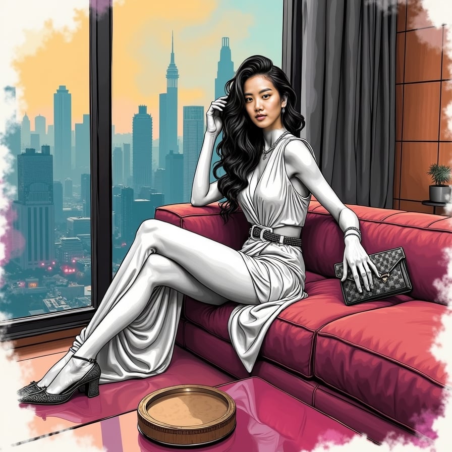 girl in luxurious attire, adorned with expensive jewelry and designer handbag, lounging on a plush couch in a modern, upscale living room, surrounded by lavish decorations and opulent furniture, with a city skyline view in the background