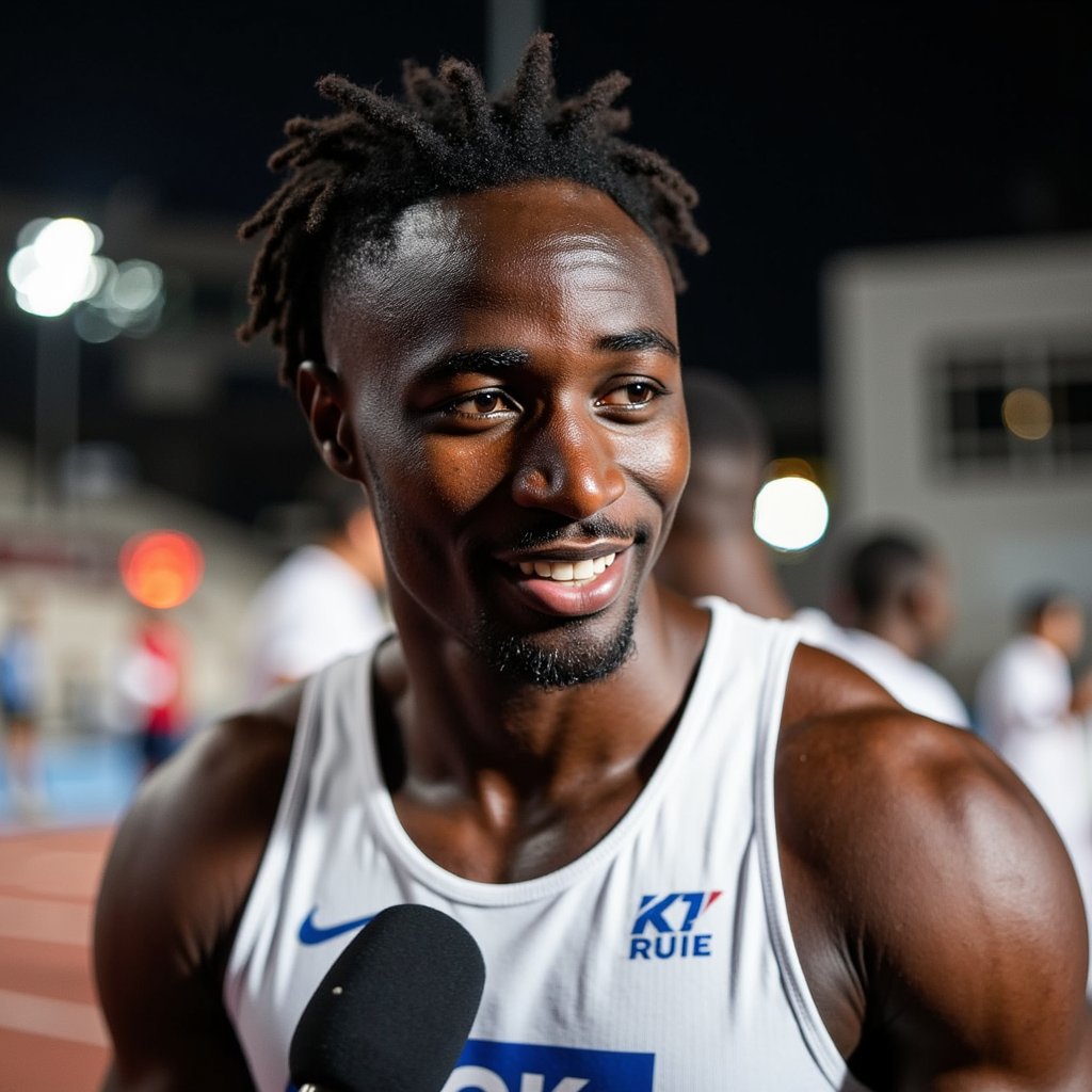 Headshot of a smiling athlete being interviewed trackside, race bib still pinned, hair messy from race, handheld mic visible — post-event celebration moment