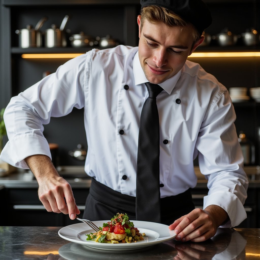 Highly detailed, highly realistic HDR portrait of a man chef in a spotless double-breasted cotton chef jacket with matte black buttons, sleeves neatly rolled; short trimmed beard, hair under black cap. Camera: 50mm lens, f/2.2, ISO 320, shot slightly above eye-level, waist-up angle to emphasize plated dish. Lighting: tungsten kitchen lights with softbox fill from camera left, gentle shadows to right; highlights glint on stainless counter. Pose: leaning slightly forward, right hand placing garnish with tweezers, focused expression. Background: softly blurred pass-through window and shelves of clean pans, minimal clutter.