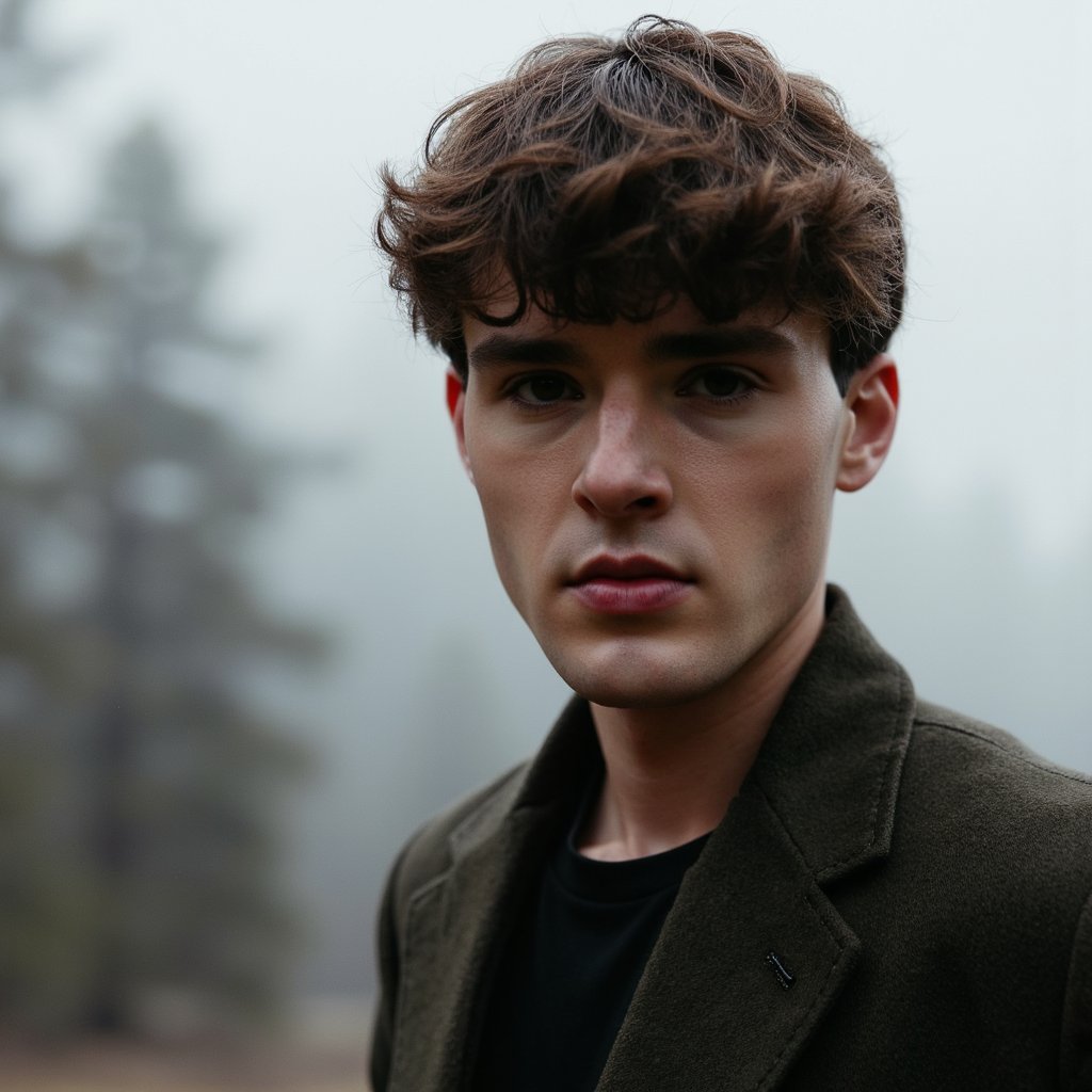 A cinematic atmospheric portrait of a man (late 20s) standing still in a fog-filled forest at dawn, waist-up framing, camera at eye level, subject slightly off-center to the right. Hair: medium-length straight hair, naturally parted, slightly damp from mist. Face: realistic skin texture with visible pores, faint redness around nose from cold air, neutral lips, focused eyes looking directly into the lens. Wardrobe: dark olive wool jacket with heavy fabric texture, subtle lint and creases, inner layer a matte black t-shirt. Lighting: soft diffused ambient fog light from front, strong cool rim light from behind outlining head and shoulders, subtle separation glow through fog. Background: layered tree silhouettes fading into fog, no distinct leaves or branches in focus, extremely clean and uncluttered. Camera: 85mm lens, f/2.5, compressed depth, subject crisp, background smoothly dissolved. Mood: quiet tension, cinematic stillness. Highly detailed, highly realistic, HDR quality, cinematic depth, minimal background clutter.