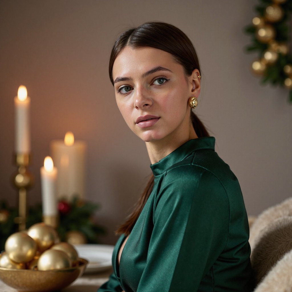 Head-and-shoulders portrait of a woman sitting beside a gold ornament bowl (blurred foreground), body angled slightly right, eyes softly toward camera. She wears a deep emerald satin blouse with shimmering highlights and thin gold hoop earrings. Hair: smooth, sleek low ponytail with center part. Makeup: warm metallic eyeshadow, soft wing liner, glossy nude lips. Lighting: warm holiday candlelight as fill plus a soft key softbox from the left; satin fabric catches specular highlights beautifully. Background: matte taupe wall with a subtle gold garland blurred; minimal clutter. Camera: 50mm f/1.4 with foreground bokeh; highly detailed, highly realistic, HDR, revealing satin folds and skin texture with precision.