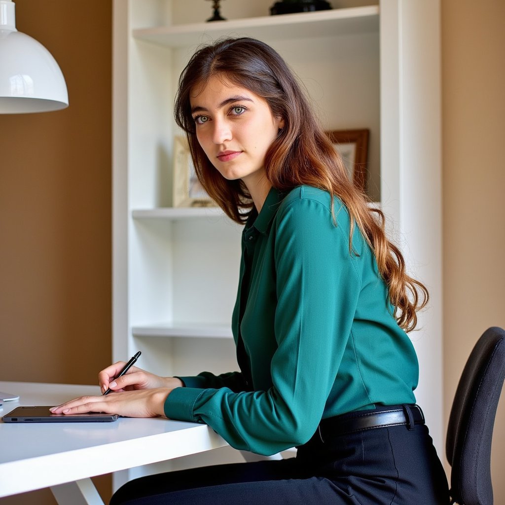 Highly realistic HDR portrait of a woman creative designer seated at a minimalist desk; flowy emerald blouse with satin texture, tailored black trousers; curly hair styled in loose volume. Camera: 35mm lens, f/2.8, ISO 200, three-quarter waist-up shot at slight angle. Lighting: key from pendant light above desk, soft daylight bounce from window; faint rim highlights along hair edges. Pose: sketching on tablet with stylus in right hand, thoughtful gaze toward screen. Background: blurred shelves with clean decor, soft gradient wall, minimal clutter.