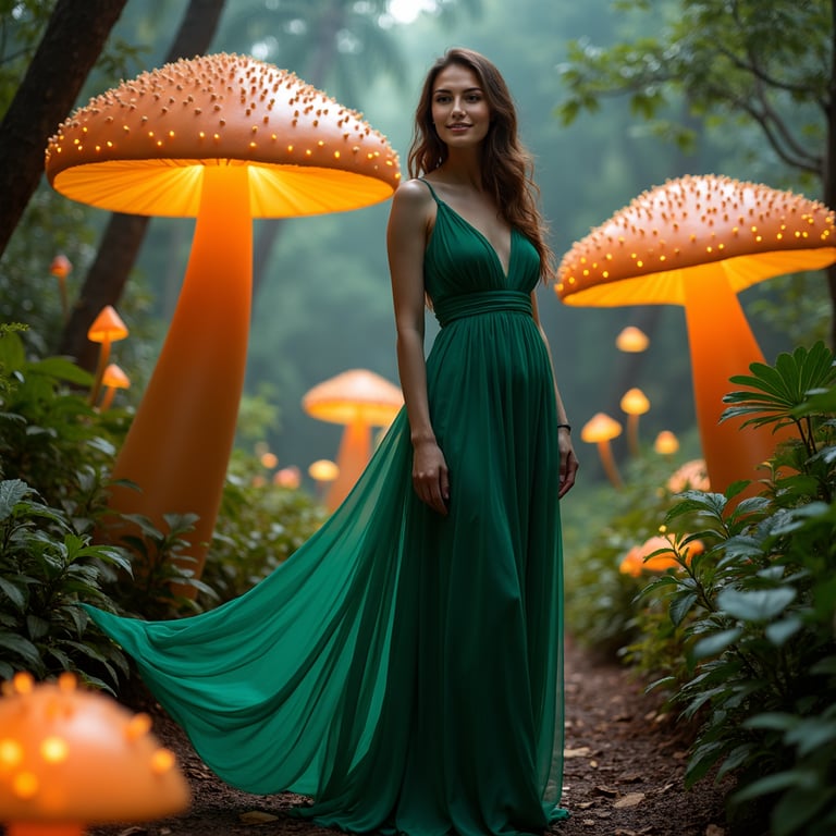 A woman in a flowing emerald dress, standing among giant, luminous mushrooms and