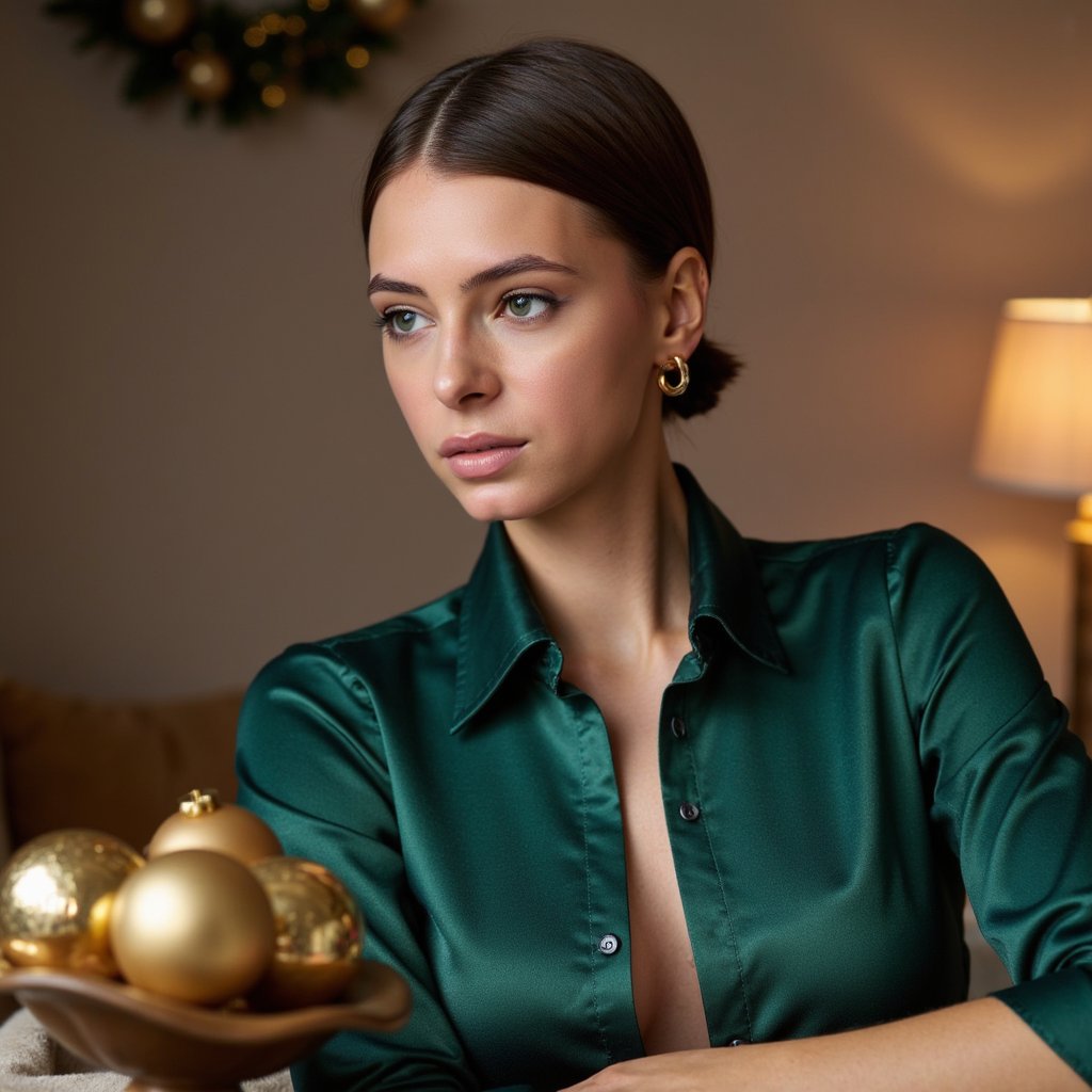 Head-and-shoulders portrait of a woman sitting beside a gold ornament bowl (blurred foreground), body angled slightly right, eyes softly toward camera. She wears a deep emerald satin blouse with shimmering highlights and thin gold hoop earrings. Hair: smooth, sleek low ponytail with center part. Makeup: warm metallic eyeshadow, soft wing liner, glossy nude lips. Lighting: warm holiday candlelight as fill plus a soft key softbox from the left; satin fabric catches specular highlights beautifully. Background: matte taupe wall with a subtle gold garland blurred; minimal clutter. Camera: 50mm f/1.4 with foreground bokeh; highly detailed, highly realistic, HDR, revealing satin folds and skin texture with precision.