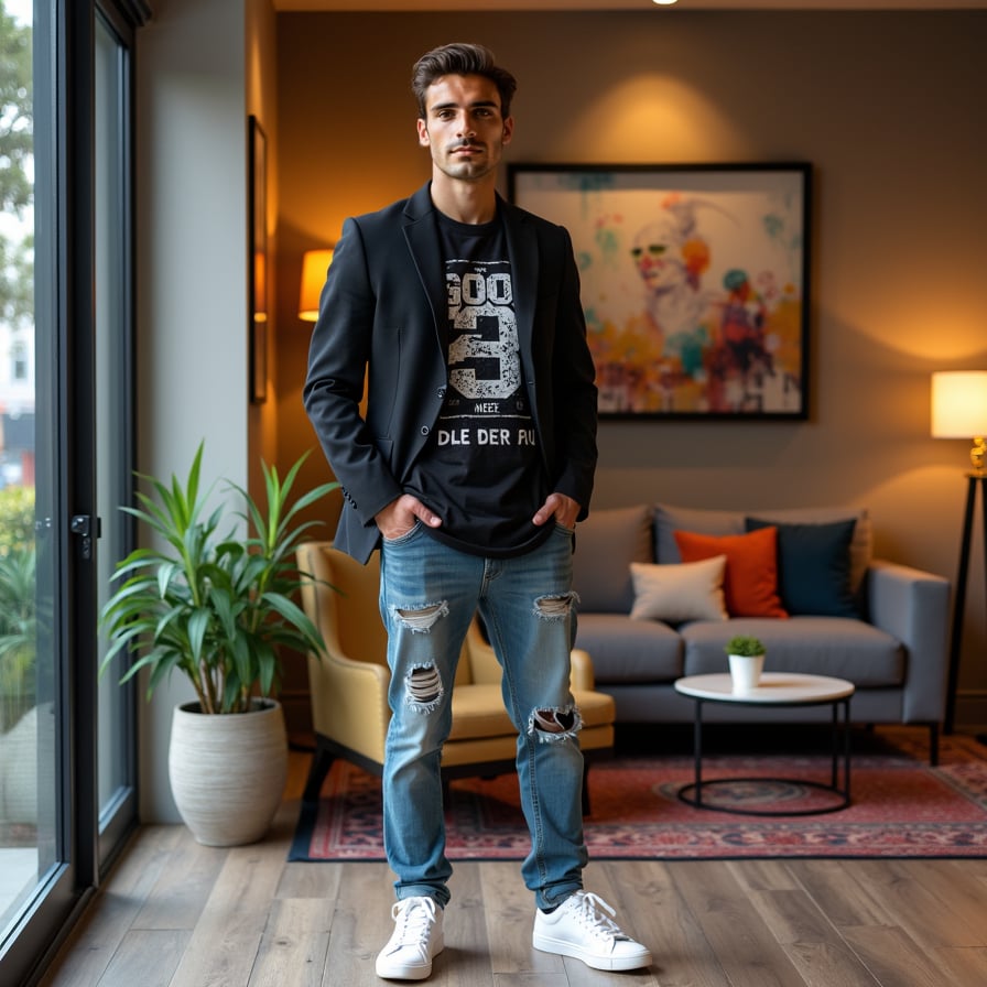 Here is a prompt for a trendy outfit:

"Man wearing a trendy outfit, consisting of a bold graphic t-shirt, distressed denim jeans, and sleek white sneakers, posing confidently against a vibrant urban backdrop, with a modern cityscape in the background, surrounded by trendy street art and eclectic shops, capturing the essence of youthfulness and style"