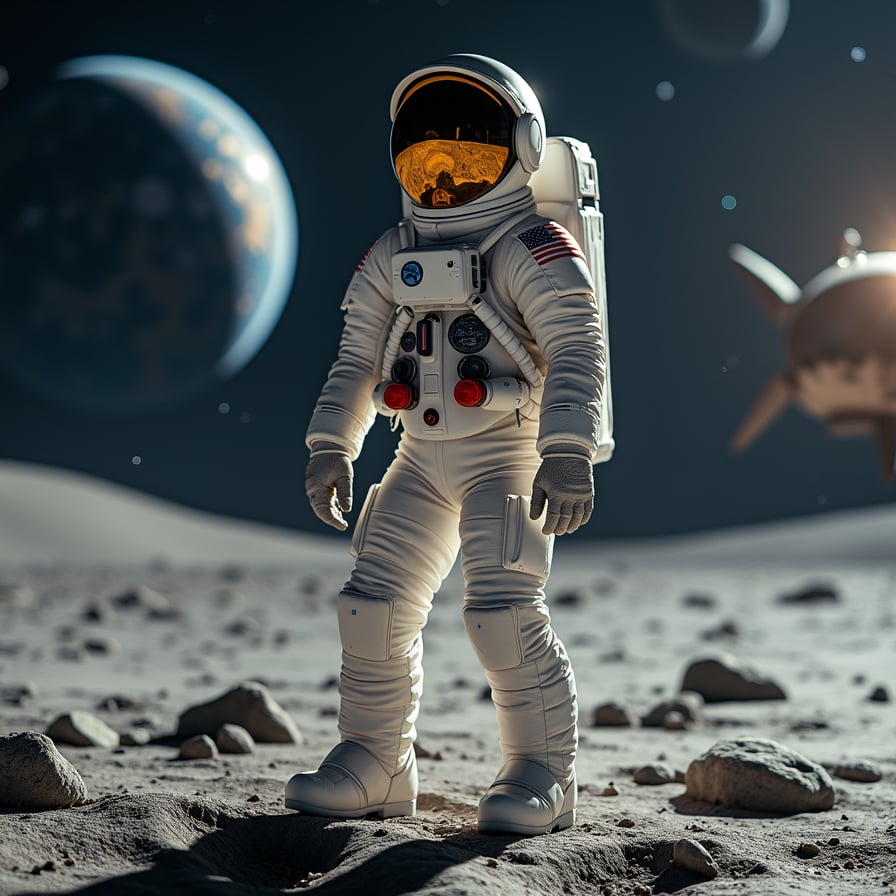 woman in bulky moon boots and spacesuit, standing upright on the lunar surface, surrounded by craters, rocks, and a parked spaceship in the distance, amidst a starry night sky with Mars and Jupiter visible, under soft moonlight casting a gentle glow, with subtle shadows accentuating the suit's texture.