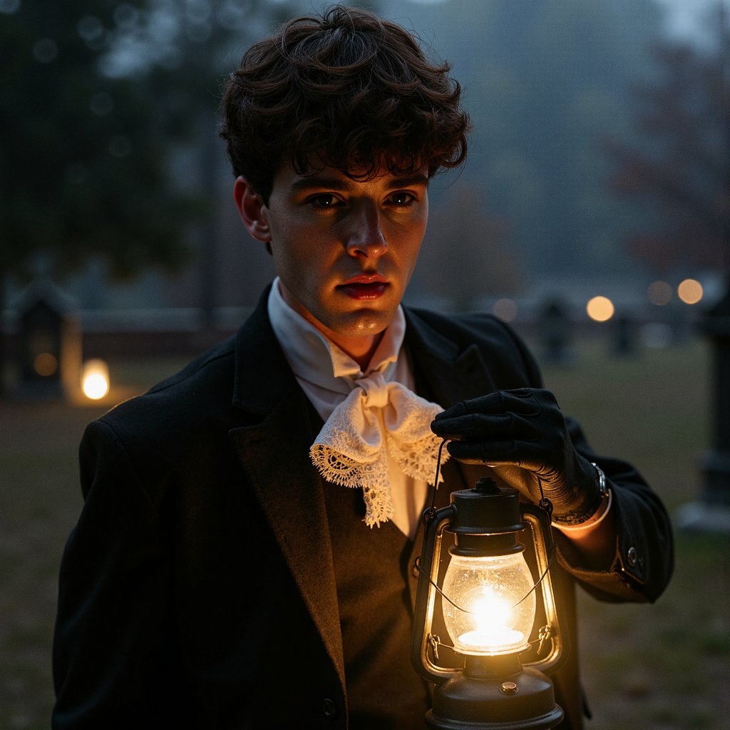 Medium-wide shot at chest height, 35 mm, f/2.2, ISO 640, 1/80 s. Main light: a lantern in his hands casting warm upward glow on his pale face and antique lace cravat, while his charcoal suit remains mostly in cool moonlight shadow. The lantern’s light fades quickly, leaving his legs and ground dimly visible through drifting fog. Moonlight from above creates a faint halo on surrounding gravestones. Focus is sharp on his face and gloves; background softened by atmospheric haze. Highly detailed, highly realistic, HDR.