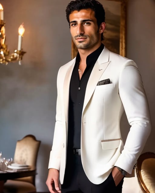 Luxurious man in tuxedo, opulent decor, velvet sofa.