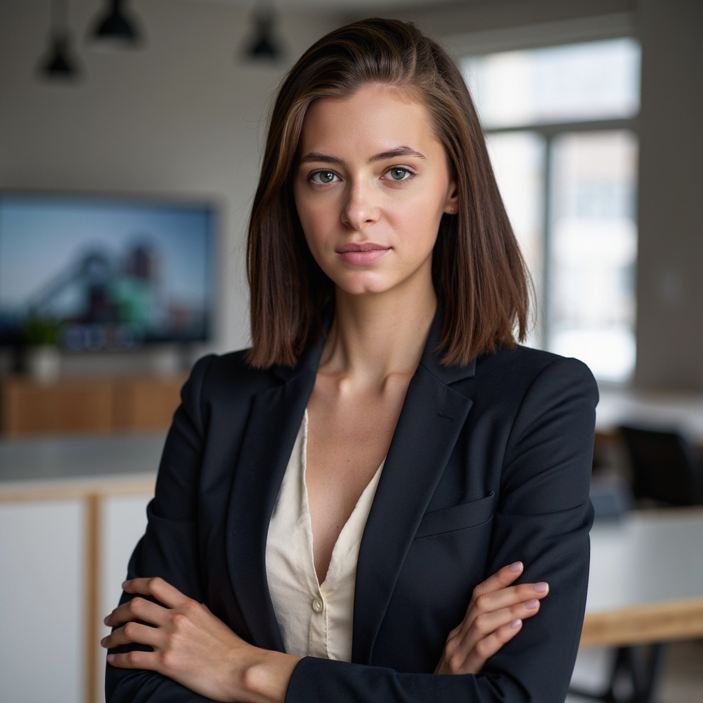 A female engineering leader standing in a contemporary workspace, captured in a 