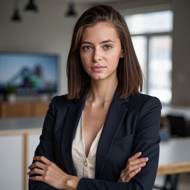 A female engineering leader standing in a contemporary workspace, captured in a 
