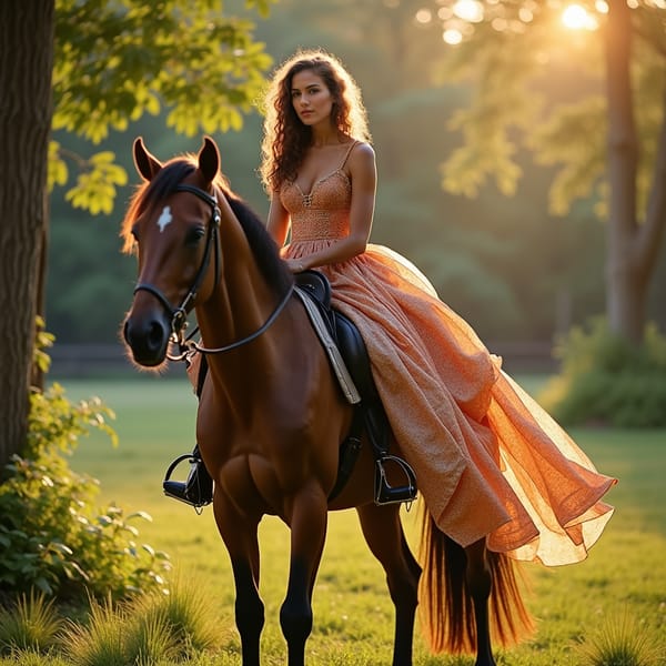 woman in elegant riding attire, long curly hair flowing in the wind, sitting confidently on a majestic horse, set against a serene countryside or rustic farm background with warm sunlight filtering through the trees.