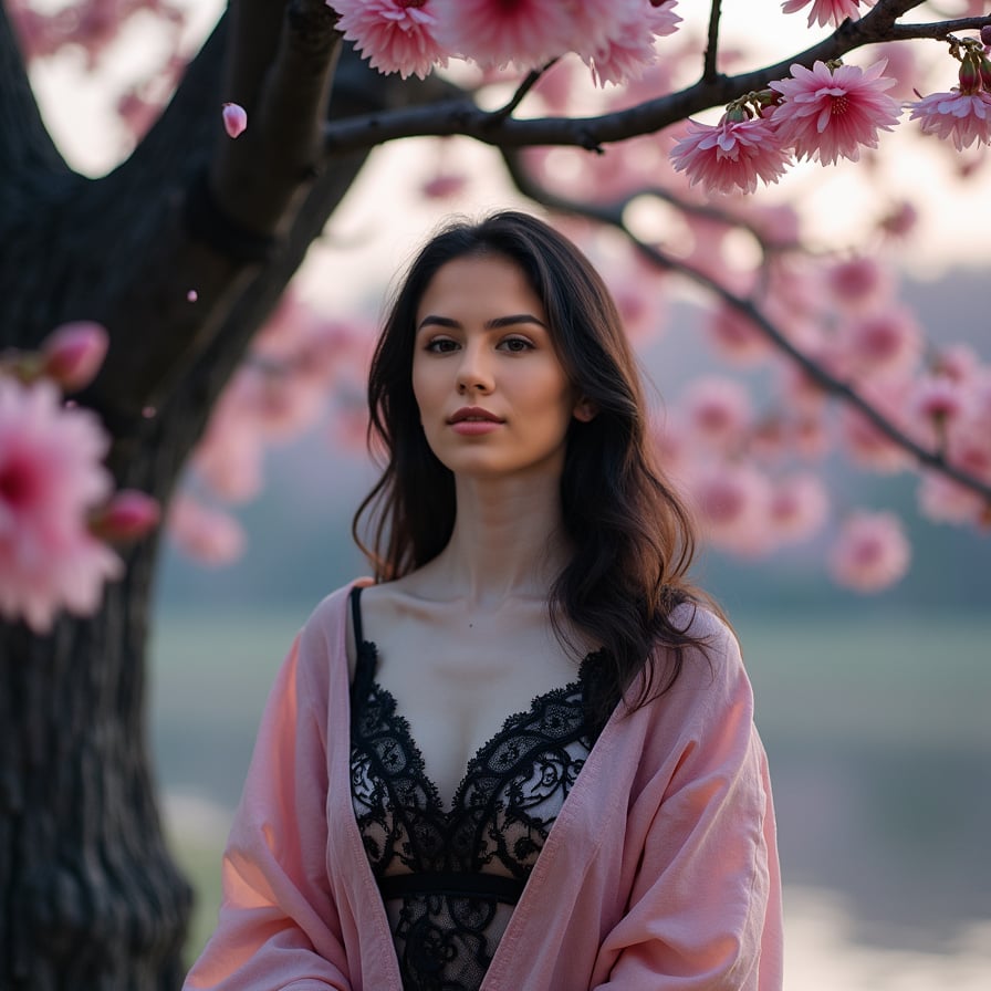 A mysterious woman in a black lace dress stands beneath a dark, ancient cherry blossom tree, her pale skin glowing under the soft pink petals. The moonlight casts long shadows, giving the scene an enchanting and eerie beauty.