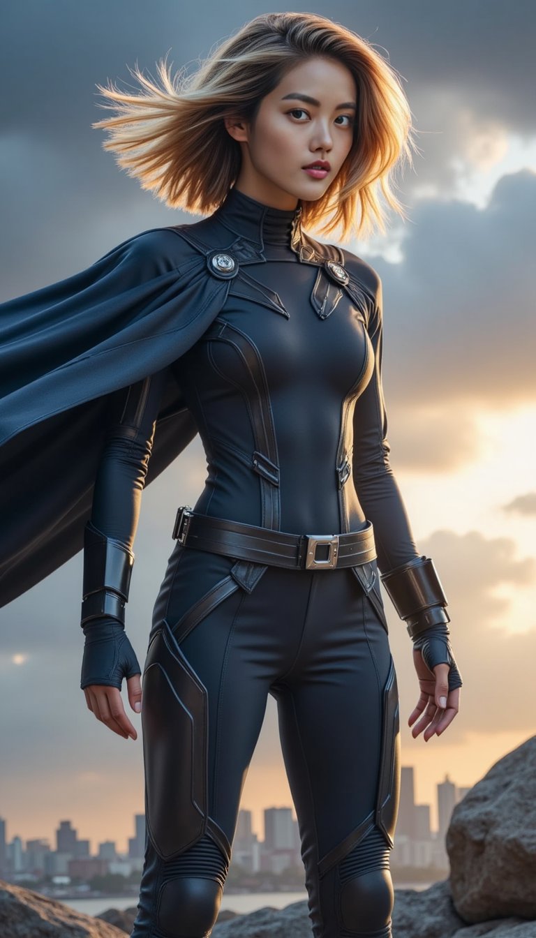 A next-gen superhero stands tall against a stormy skyline, cape fluttering slightly in the wind, jaw set with resolve. Their outfit is minimal yet high-concept, blending armor with utility. The shot is wide-angled and dramatic, evoking Marvel-style poster imagery.
