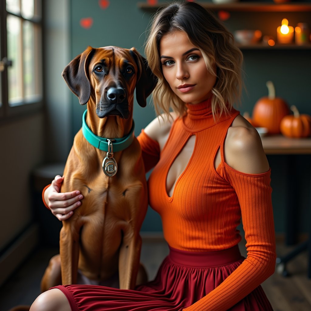 woman dressed as Velma from Scooby-Doo in a seductive Halloween costume, wearing a signature orange turtleneck sweater with a cut sleeve for cleavage and a red pleated skirt with a form-fitting, stylish twist to accentuate her curves, surrounded by subtle spooky details in the background, such as cobwebs, pumpkins, or dark lighting, posing with her Great Dane dog, brown with black spots and a sea green collar, resembling Scooby Doo, with a smart yet alluring look and a slightly tousled hairstyle for a playful charm.