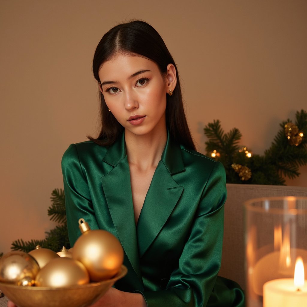 Head-and-shoulders portrait of a woman sitting beside a gold ornament bowl (blurred foreground), body angled slightly right, eyes softly toward camera. She wears a deep emerald satin blouse with shimmering highlights and thin gold hoop earrings. Hair: smooth, sleek low ponytail with center part. Makeup: warm metallic eyeshadow, soft wing liner, glossy nude lips. Lighting: warm holiday candlelight as fill plus a soft key softbox from the left; satin fabric catches specular highlights beautifully. Background: matte taupe wall with a subtle gold garland blurred; minimal clutter. Camera: 50mm f/1.4 with foreground bokeh; highly detailed, highly realistic, HDR, revealing satin folds and skin texture with precision.