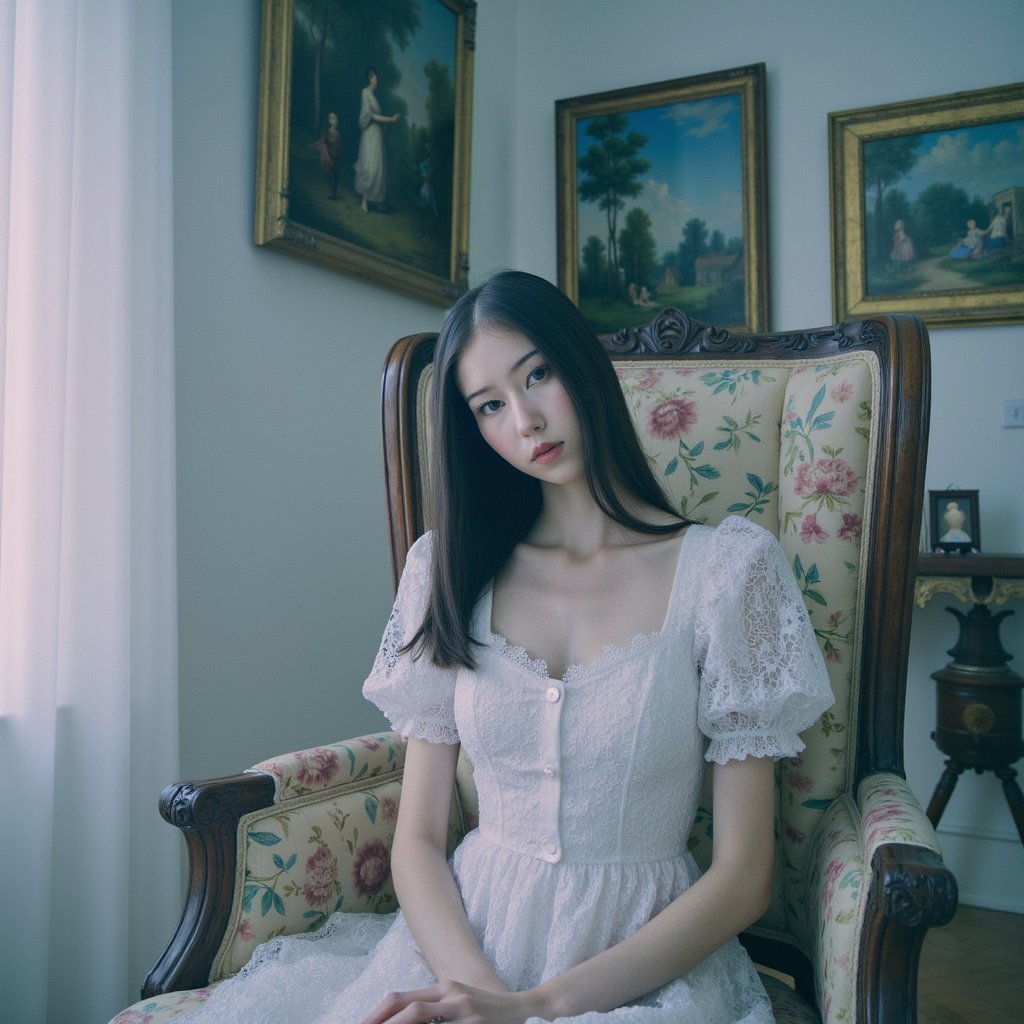 Create a haunting yet soft portrait of me sitting on a floral armchair in a room filled with pale fog and pastel light pinks, blues, and creamy whites. My expression is serene but my eyes glow faintly white, giving an uncanny dreamlike look. I wear a delicate lace dress with puff sleeves and minimal jewelry. The background should feature old paintings slightly warped by mist. The photo should have a soft-focus cinematic quality, like a dream captured on film. The tone is unsettling but beautiful, soft horror meets nostalgia.