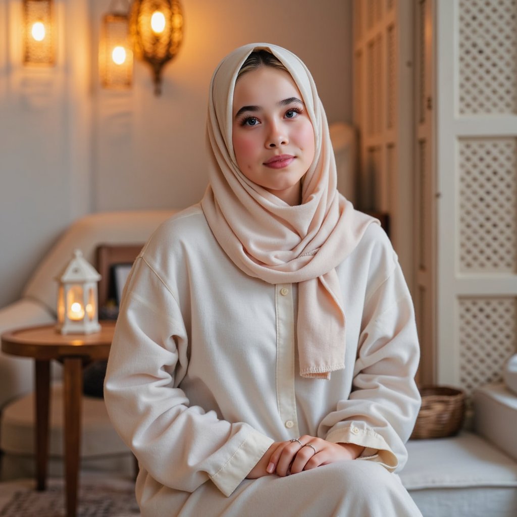 Knee-up portrait of a woman in a flowing abaya with soft pastel hues, subtle smile, surrounded by decorative lanterns in gentle golden light — inspired by Mawlid traditions