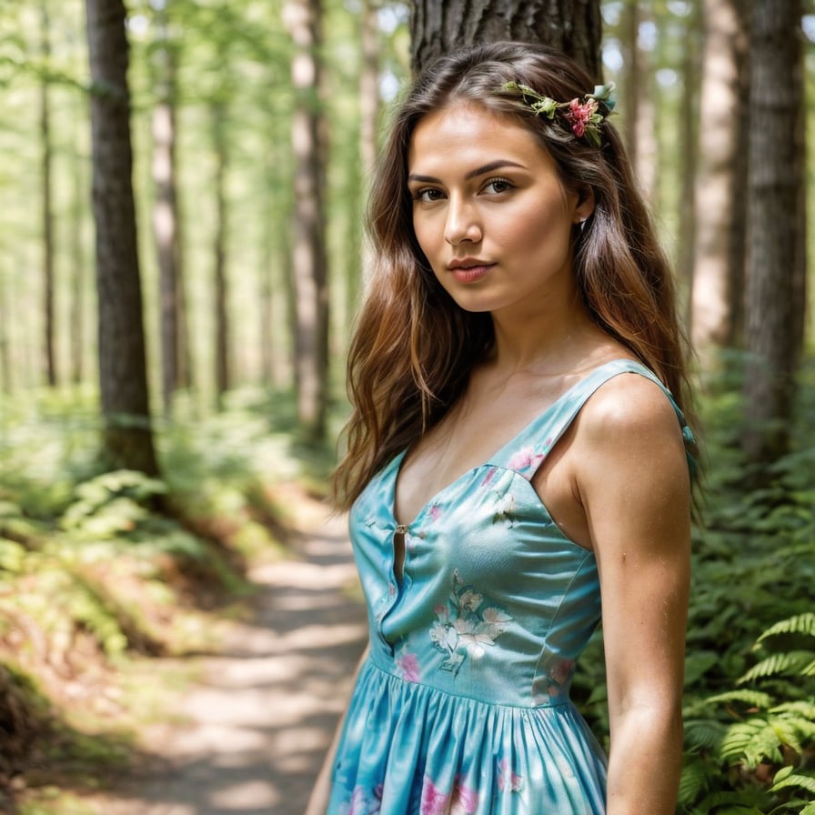 Energetic tropical adventurer, rainforest backdrop, lush greenery, and waterfalls.