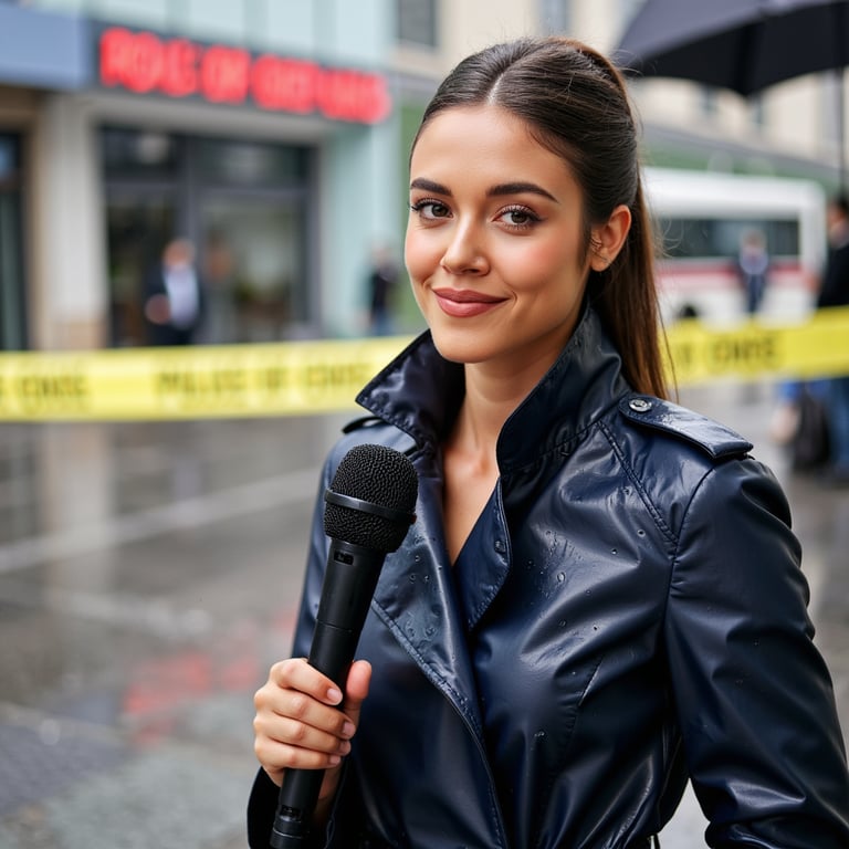 Highly detailed, highly realistic, HDR, 8k field reporter in light rain; camera: