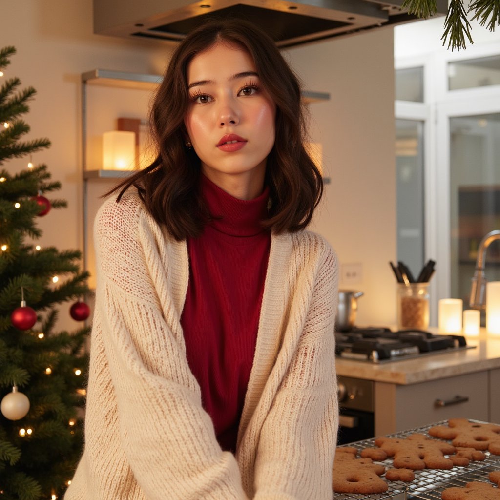 Head-and-shoulders portrait of a woman in a softly lit kitchen while Christmas cookies bake in the blurry background (no motion). She wears a cream knit cardigan over a red thermal top, cardigan showing soft wool fuzz and delicate ribbing.
Hair: half-up style with loose curls cascading down.
Makeup: soft golden shimmer on eyelids, warm blush, glossy nude lips.
Lighting: warm oven-light glow from behind adds a subtle halo while a soft diffused key from camera-left lights her face.
Background: blurred gingerbread cooling tray, pine sprigs, subtle fairy lights — minimal clutter, organized composition.
Camera: 50mm f/1.8; highly realistic, highly detailed, HDR, highlighting cardigan texture, hair shine, and warm kitchen tones.