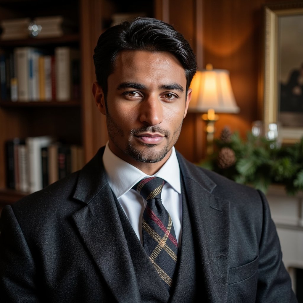 Close-up portrait of a man in an oak-paneled library, ambient light from a brass desk lamp. Hairstyle: side-part, soft wave; clean-shaven. Attire: dark tweed blazer, crisp white shirt, tartan tie. Fabric details: visible herringbone texture, tie weave, cotton thread. Camera: eye-level, 85mm, f/1.6 for gentle blur. Lighting: single tungsten lamp key + low ambient fill. Background: blurred shelves of books, muted garland with pinecones, brass lamp glow. Pose: neutral, composed, looking slightly away. Render: highly detailed, highly realistic, HDR; lifelike reflections in eyes, detailed fabric fibers, warm tonal contrast.