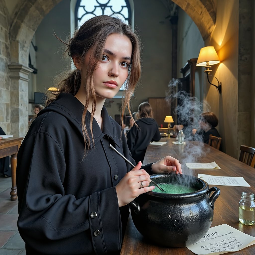 Highly realistic, ultra-detailed HDR macro shot of a 16-year-old female Hogwarts student’s hands with light beige skin tone, faint ink smudges near the nails, and clean, short-cut fingernails with natural gloss, delicately holding a brushed pewter stirrer inside a dented black cauldron. Robe sleeve in thick matte wool with deep folds, lined in black satin, cuff fastened with three matte buttons (stitching visible). Steam rises from the potion — a shimmering green liquid with tiny bubble details — curling upward and catching the warm amber light. Pose: both hands steady, wrists angled toward camera, stirrer mid-swirl. Camera: Canon EOS R5, 100mm f/4 macro lens, aperture f/4, camera at table height for straight-on detail shot. Lighting: warm oil lamp key light (2800K) from front left, creating soft glow on skin and metallic sheen on stirrer; subtle bounce fill from parchment sheets on table softens shadows; faint cool rim from a high arched window behind for depth. Background: blurred stone workbench with glass jars faintly visible, handwritten potion labels barely legible, minimal clutter.