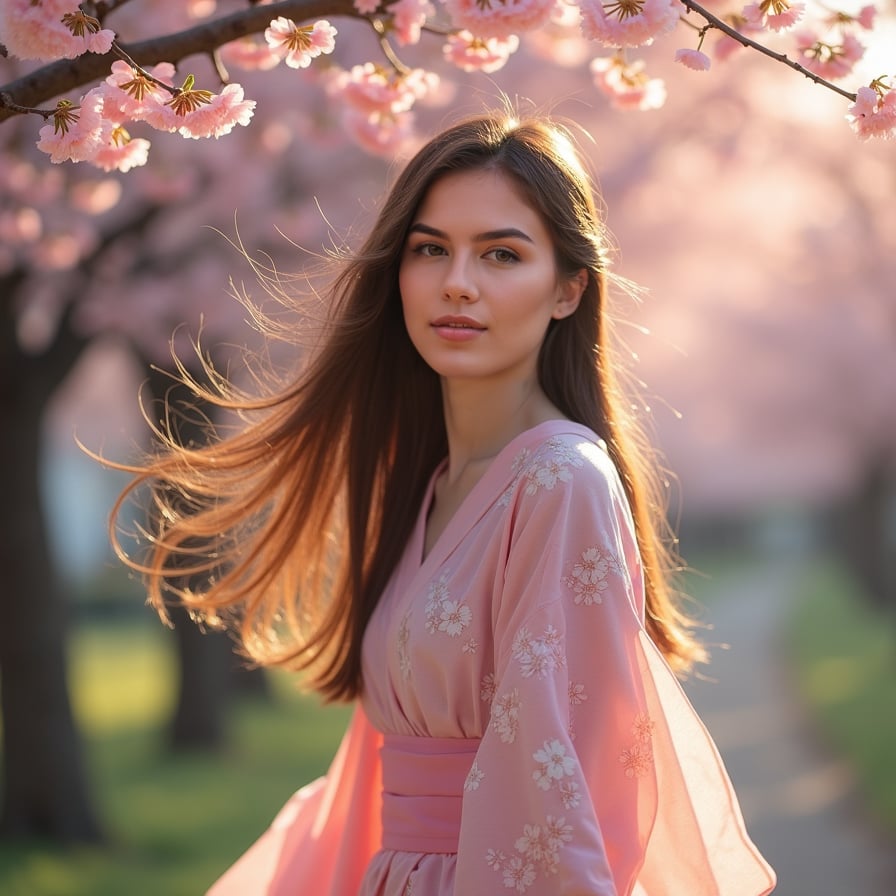 A young woman in a flowing pink kimono stands beneath a canopy of cherry blossoms, her long hair swaying in the gentle breeze. Soft sunlight filters through the petals, casting a dreamy glow on her face.