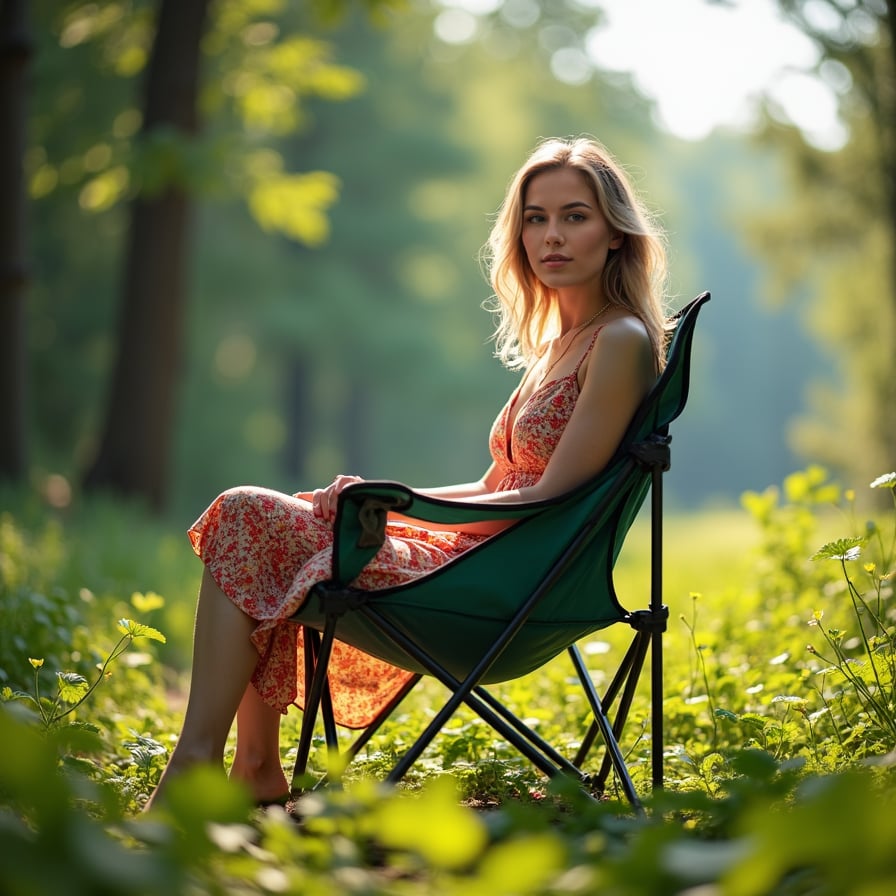 woman sitting in a camping chair, wearing a casual outdoor outfit, surrounded by lush greenery, under a clear blue sky