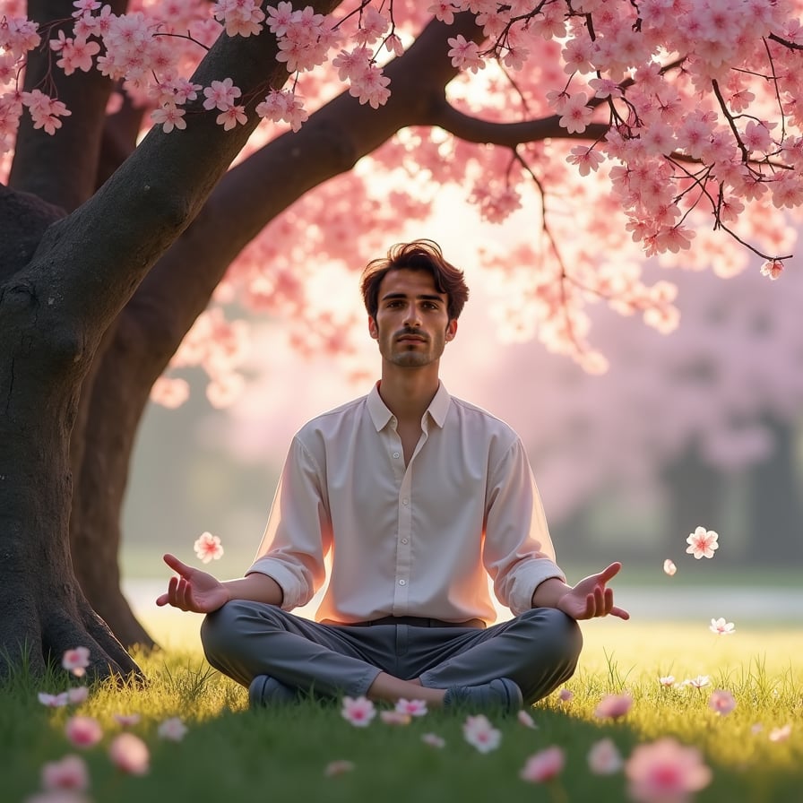 A young man sits cross-legged beneath a massive sakura tree in full bloom, meditating. His expression is peaceful, as sunlight filters through the branches, illuminating his tranquil face.