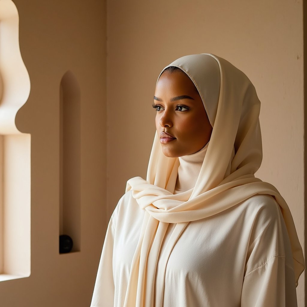 woman in a modest, graceful look, with her hair respectfully covered in a soft draped fabric. She is photographed in a warm, serene setting with soft lighting and gentle shadows that enhance her peaceful expression. The background features minimal Islamic design accents, softly blurred. Her appearance radiates quiet reverence and dignity. Hyper-detailed, soft tones, respectful styling, spiritual calm.
