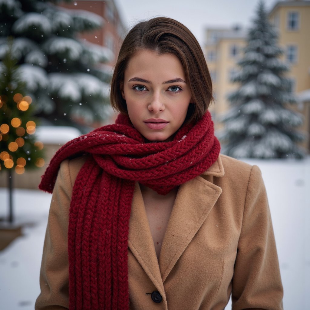 Waist-up winter portrait of a woman outdoors in softly falling snow (snow frozen in shallow DOF but no subject motion). She wears a camel wool coat belted at the waist and a thick red knitted scarf with visible chunky stitching. Hair: straight, long, tucked inside the scarf; a few flyaway strands adding realism. Makeup: satin warm-nude lips, lightly flushed cheeks, soft brown eyeliner. Lighting: natural overcast daylight softened by snow, with a faint silver reflector fill from below. Background: blurred evergreen trees with a few warm twinkle lights; minimal clutter. Camera: 85mm f/2, eye-level; highly realistic, highly detailed, HDR, clear snowflakes on hair and coat fibers.