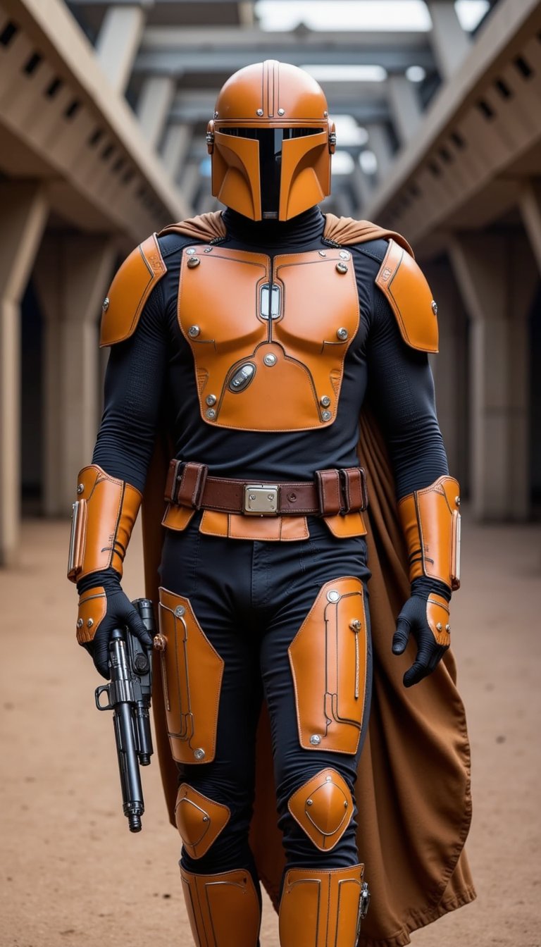 A futuristic bounty hunter in sleek Mandalorian-style armor, helmet off, holding a blaster, standing in a spaceship hangar with industrial lighting and sci-fi textures, confident pose, desert elements hinting at Tatooine, cinematic portrait framing