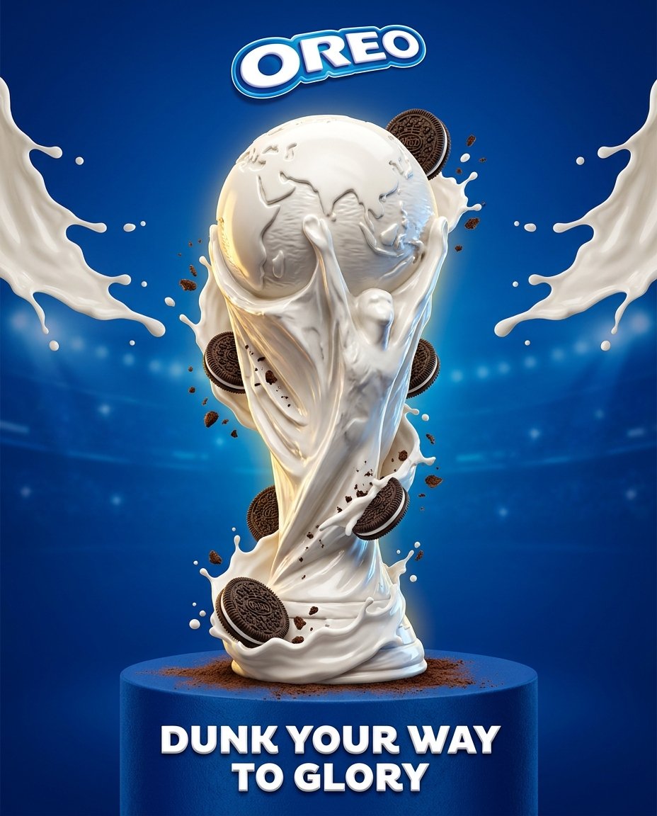 Create an ultra-premium commercial poster for Oreo, built around one dominant hero object: a modern FIFA World Cup trophy silhouette reimagined entirely in Oreo material language. The trophy is sculpted primarily from silky white Oreo cream fluid with glossy, luxurious flow wrapping the exact World Cup trophy shape, accented by a few whole Oreo cookies, cookie halves, cocoa crumbs, and cream bursts. Use a strict centered vertical composition with the Oreo logo at the top, the trophy occupying 60–70% of the poster height, and the slogan “DUNK YOUR WAY TO GLORY” centered at the bottom. Place the trophy on a premium Oreo-blue pedestal with cocoa textures. Use a saturated Oreo-blue background with subtle arena lighting, controlled cream splashes radiating from the trophy, cinematic commercial lighting, hyper-realistic cookie textures, 8K advertising quality. Symmetrical, clean, luxurious, instantly readable.make this in 4:5