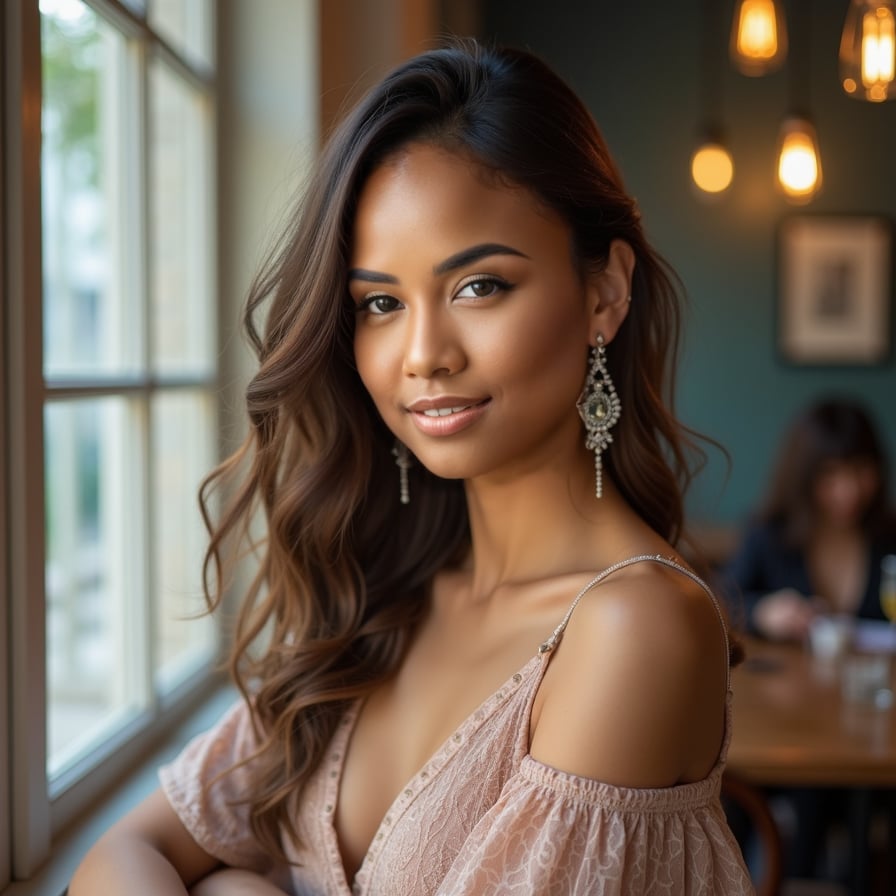 woman designed for a high-impact dating profile. She is styled in elegant yet casual attire, with subtle jewelry adding a touch of sophistication. The backdrop is neutral or softly blurred, with lighting that accentuates her features, creating a captivating image