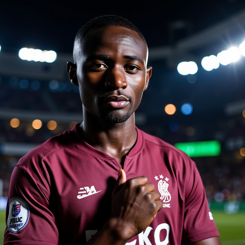Knee-up portrait of a digital footballer gripping their jersey at the chest, int