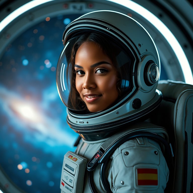 A striking image of a woman standing confidently, facing the camera with a cosmi