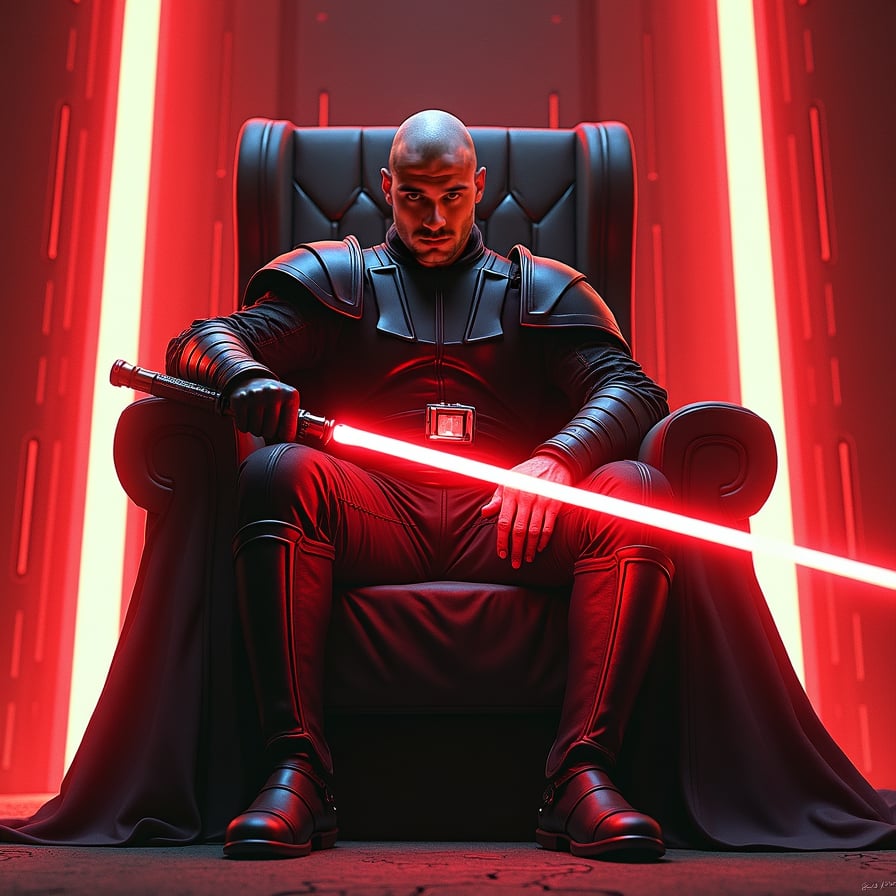 A male Sith Lord sits on a throne, facing the camera with an intense, fierce expression. Dressed in dark armor, he holds a red lightsaber across his lap, with shadows surrounding him. The red glow of lights in the chamber adds an ominous atmosphere.