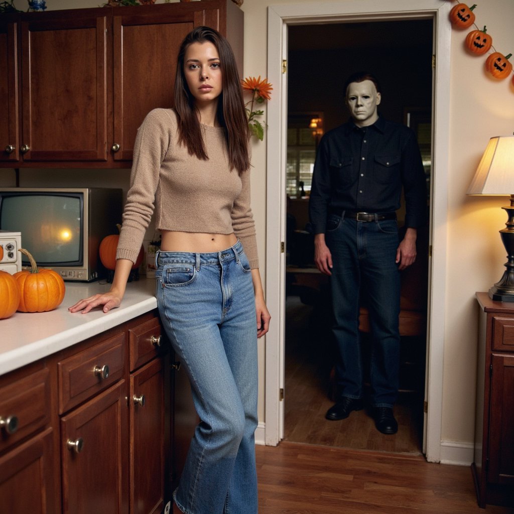 photo of a woman in a retro 70s style kitchen leaning casually against a counter. she wears high-waisted flared denim jeans with a cropped knit sweater and chunky platform shoes. her long hair falls naturally with golden clips framing her face, and her makeup is warm-toned with glossy brown lipstick and soft eyeliner. the kitchen is decorated with carved pumpkins, vintage halloween garlands, and an old box-style television glowing faintly in the corner. the lighting is warm but dim, casting uneven shadows. in the doorway behind her stands Michael Myers from the Halloween franchise, his pale white mask faintly lit by the kitchen lamp, his figure motionless and ominous in the background.