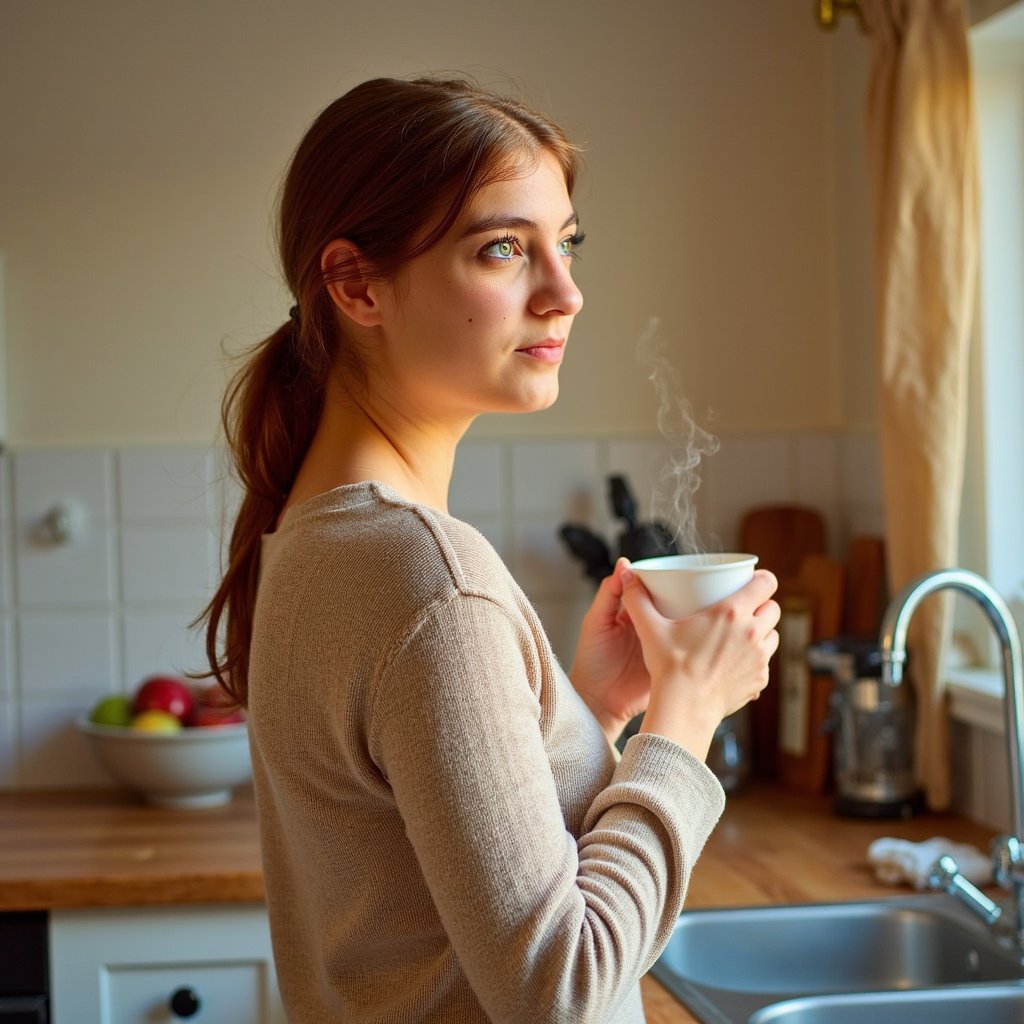 Highly detailed, highly realistic, hyperrealistic HDR image of a woman (female, ~33 yrs) standing waist-up in a cozy kitchen illuminated by soft early-morning light. She wears a light oatmeal sweater with subtle rib texture and rolled sleeves. Her hair is tied in a loose ponytail with natural flyaways catching light. Camera positioned slightly above eye level (~15° down), capturing her serene half-smile as she looks toward the window. Gentle steam from a mug she’s loosely holding adds atmosphere. Background blurred — faint wooden counter, bowl of apples, linen towel in muted tones. Lighting diffused and warm, shadows soft. Visible skin pores, sweater fibers, and condensation on the mug. HDR, high resolution, high quality, highly detailed, photorealistic.