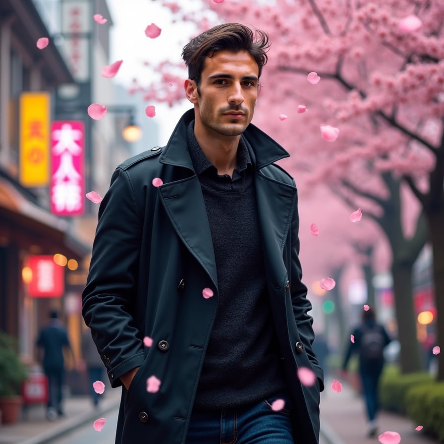A stylish man in a black trench coat and sunglasses walks through a bustling city street lined with sakura trees. Neon signs reflect off the falling petals, creating a cyberpunk aesthetic with a mix of nature and technology.