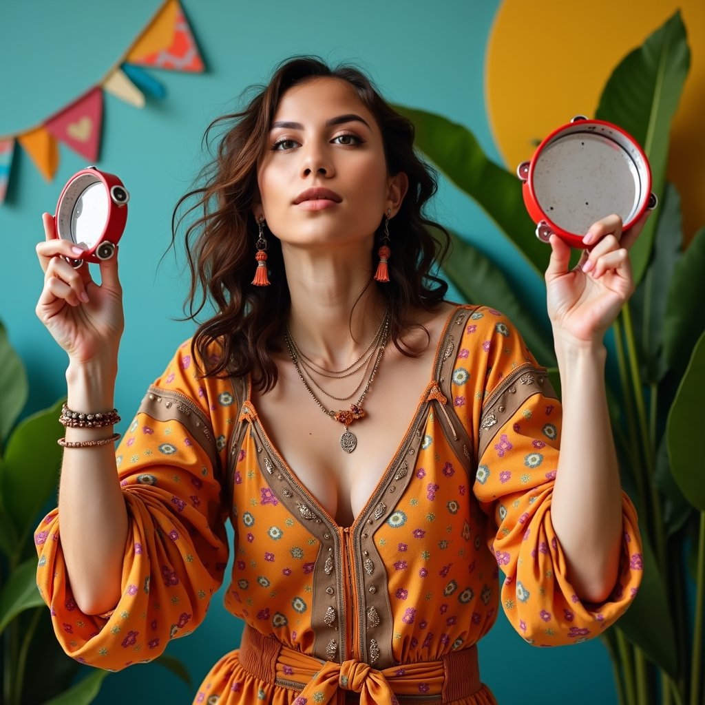 woman with bright smile and energetic pose, holding a tambourine, wearing a colorful outfit with a fun pattern, against a vibrant and playful background, radiating joy and enthusiasm while singing a catchy jingle.